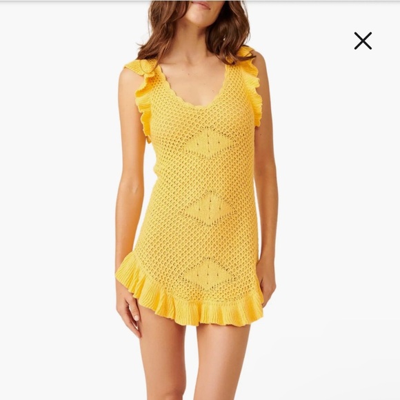 Free People Beach Mykonos Open Knit Mini Sweater Dress in Yellow Size Small - Picture 1 of 11